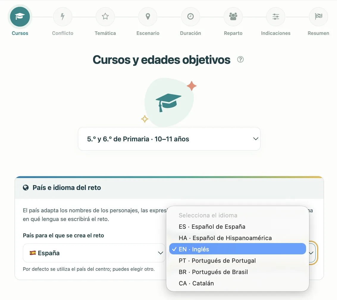 Pantalla de Emotional Play para crear un reto y elegir el país y el idioma en el que se trabaja