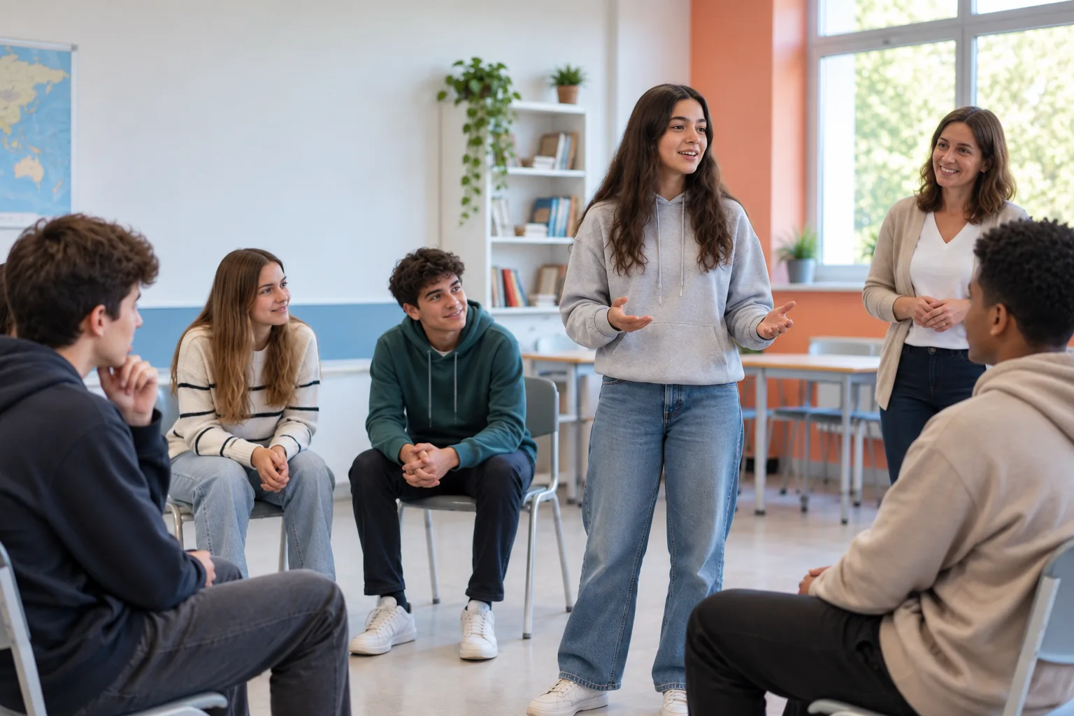 Grupo de alumnos conversando en círculo mientras una estudiante expone su punto de vista